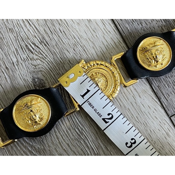 Vtg Milos Italy Black Leather Gold Hermes Head Greek God Medallion Belt LARGE - Picture 10 of 16
